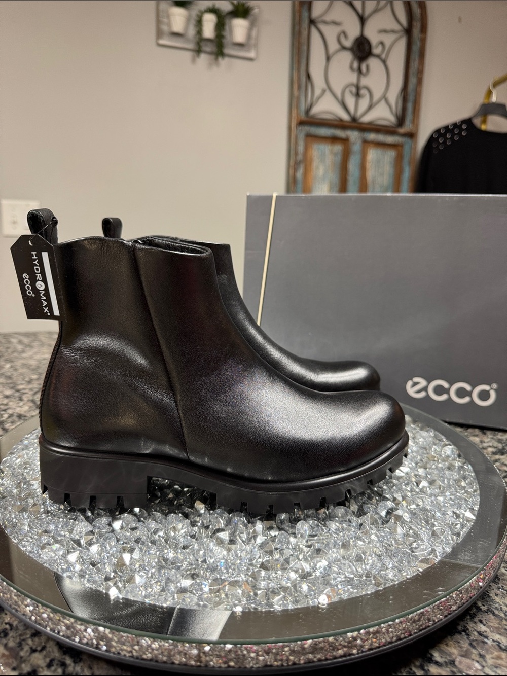 Ecco mootray Black Leather hydromax Chelsea Lug Sole Ankle Boots NEW 5-5.5